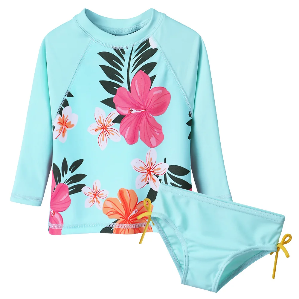 BAOHULU Floral Baby Girl Swimwear Long Sleeve Infant Bathing Suit Cyan UPF50+ Swimsuit for Toddler Girls Teens Children Swimwear 1
