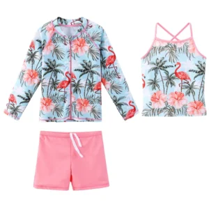 BAOHULU UPF50+ Swimsuit Girls Floral Long Sleeve Bathing Suit for Kids 3 pcs Bikinis Top+Shorts Children Swimwear with zipper 1