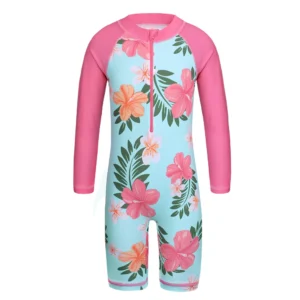 BAOHULU Cyan Floral Long Sleeve Girls Swimwear One Piece Children Swimming Suits UPF50+ Swimsuit Kids 4-11 Years Rash Guards 1