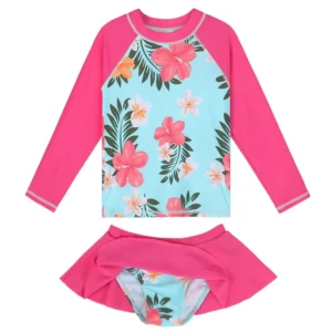 BAOHULU Cyan Floral Girls Swimwear Long Sleeve Kids Rash guards Set with Swim Skirt Children's Swimwear Beach Bathing Suit Girl 1