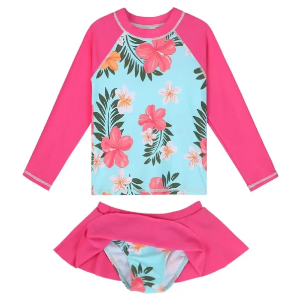 BAOHULU Cyan Floral Girls Swimwear Long Sleeve Kids Rash guards Set with Swim Skirt Children's Swimwear Beach Bathing Suit Girl 1