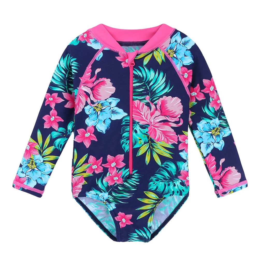 BAOHULU Navy Floral Baby Swimwear Long Sleeve UPF50+ Girls' Swimsuit One Piece Children Swimwear Toddler Bathing Suit Beachwear 1