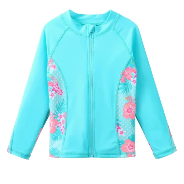 BAOHULU Children's Swimwear Cyan Floral Swimsuit Girls Bikini Tankini Set Swimwear Kids Long Sleeve Swimming Suits for Girl 2