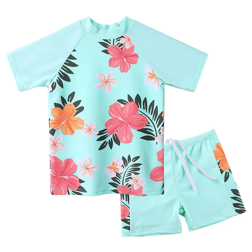 BAOHULU Short Sleeve Floral Girls Swimwear UPF50+ Children 2pcs Swimsuit Girls Kids Swimming Suits for 3-12 Years 1