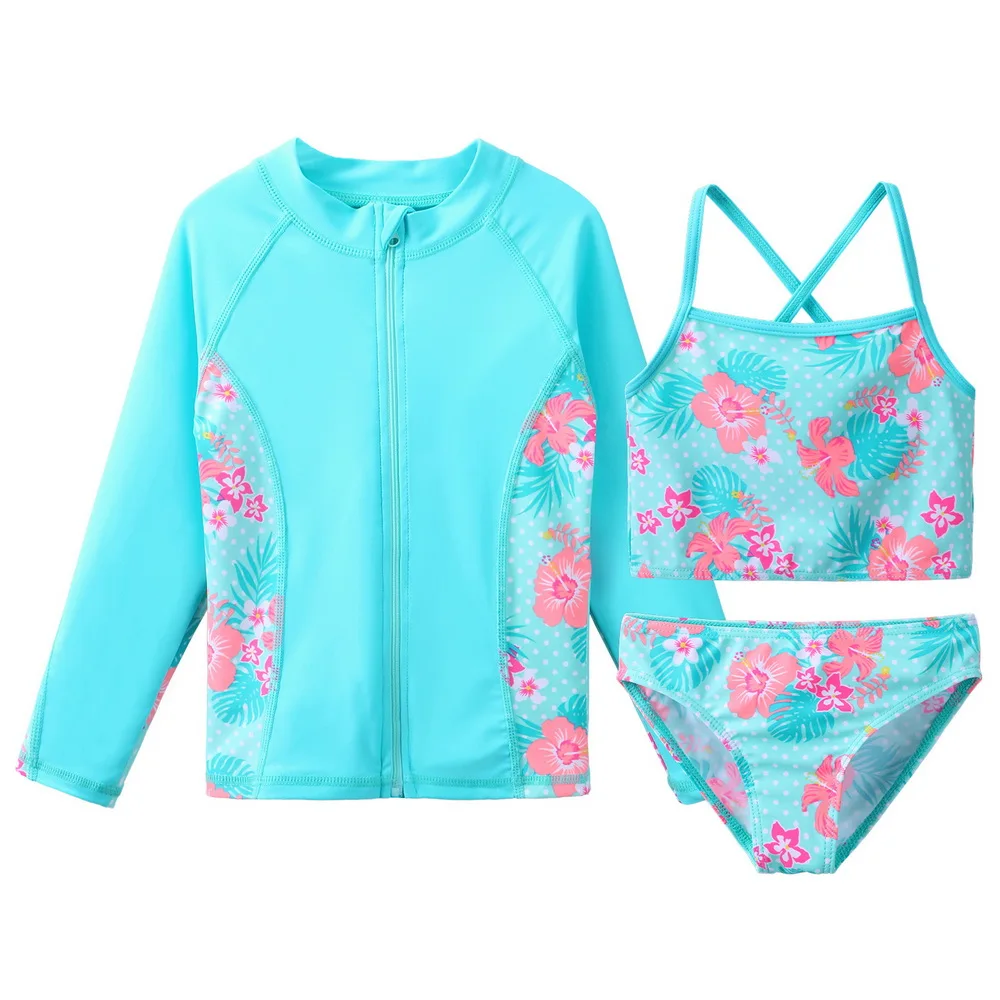BAOHULU Children's Swimwear Cyan Floral Swimsuit Girls Bikini Tankini Set Swimwear Kids Long Sleeve Swimming Suits for Girl 1