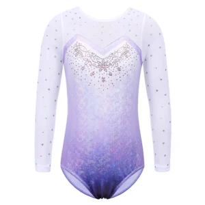 BAOHULU Long Sleeve Mesh Patchwork Leotards for Girls Toddler Kids Diamond Gymnastics Jumpsuit Bodysuit Teens Gymnastics Clothes 1