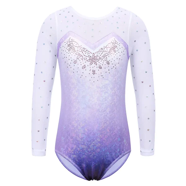 BAOHULU Long Sleeve Mesh Patchwork Leotards for Girls Toddler Kids Diamond Gymnastics Jumpsuit Bodysuit Teens Gymnastics Clothes 1