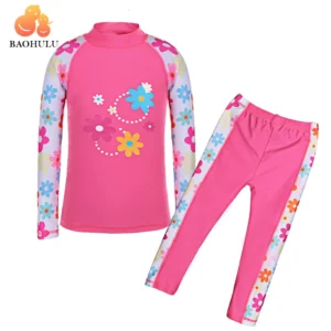 BAOHULU Long Sleeves (UPF50+) Girls Swimwear Children Swimming suits 2pcs set Floral Swimsuit Kids Teens Bathing Suit Beachwear 1